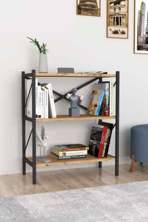 Evmood Dekoratif 3 Raflı Kitaplık Metal Kitaplık Çam