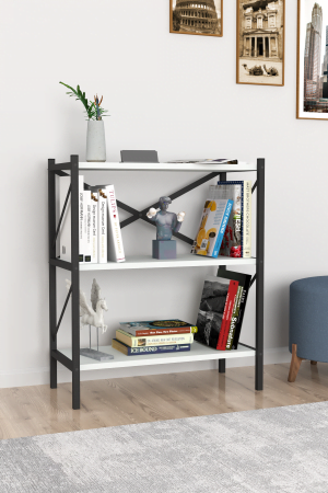 Evmood Dekoratif 3 Raflı Kitaplık Metal Kitaplık Beyaz