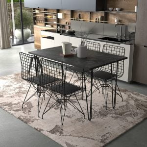 Evmood 4 lü Tel Sandalye Masa Siyah Mermer Desen